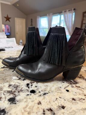 L&B Black Leather Fringe Ankle Boots